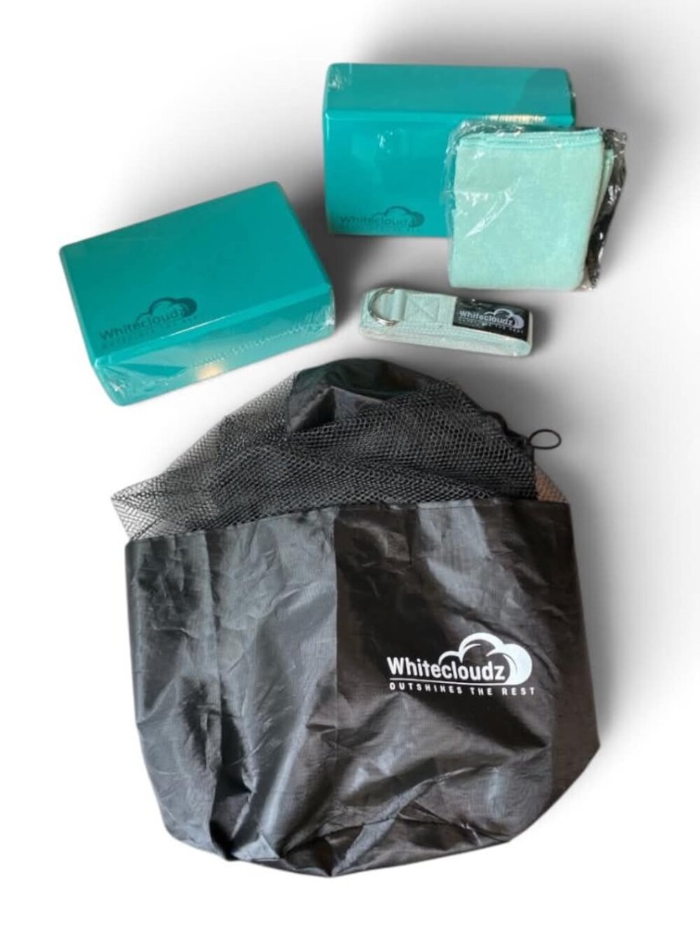 Yoga Accessories Kit: 2 Blocks, Towel, Strap & Mesh Bag | Mint Green/Teal
